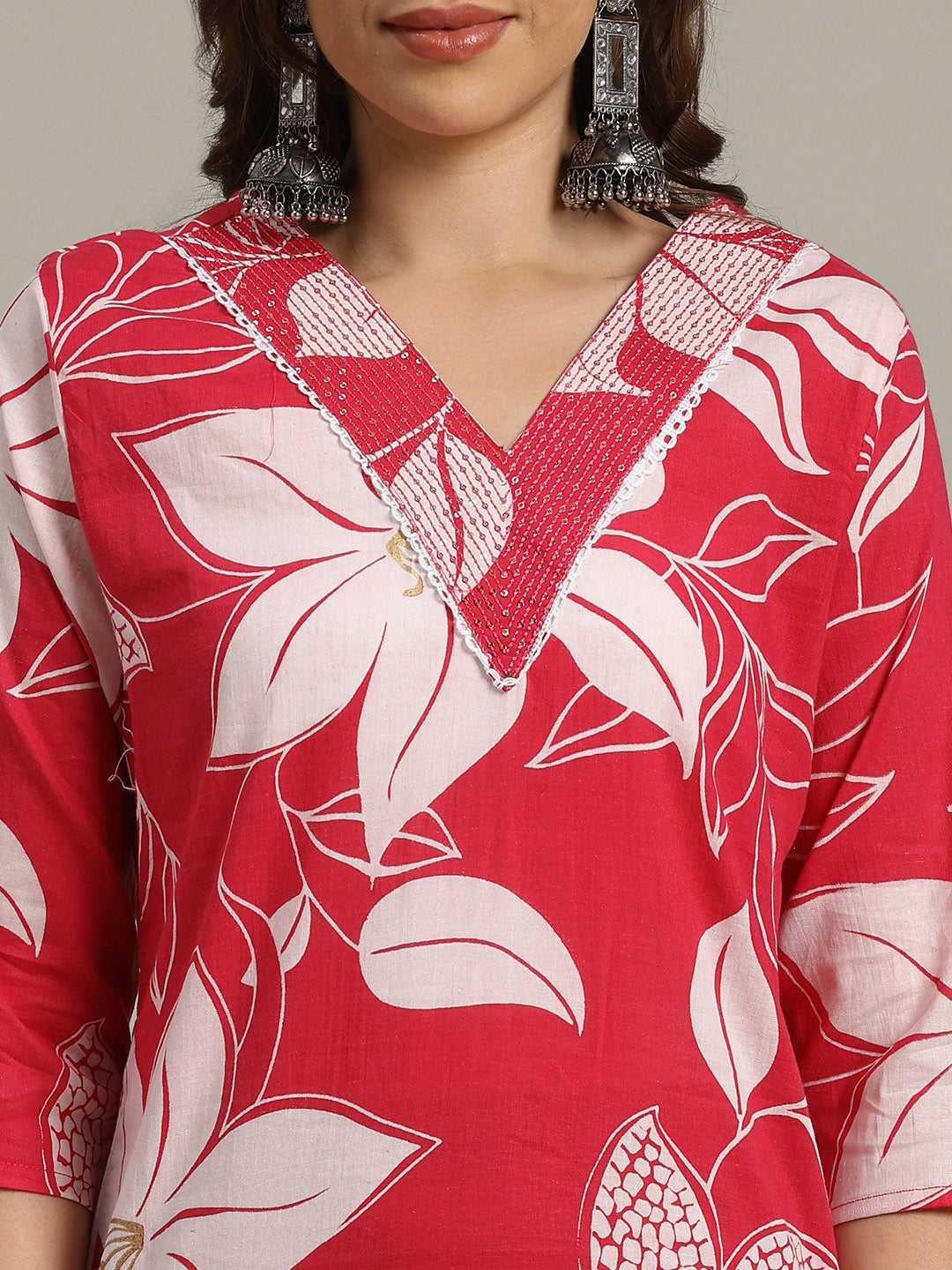 Floral Printed Cotton Blend Kurta With Pants &amp; Dupatta