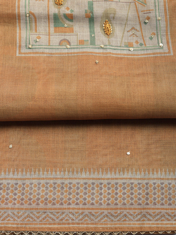Printed Linen Blend Unstitched Suit With Pant &amp; Dupatta