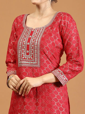 Neck Embroidery Banarasi Kurta With Palazzo & Dupatta