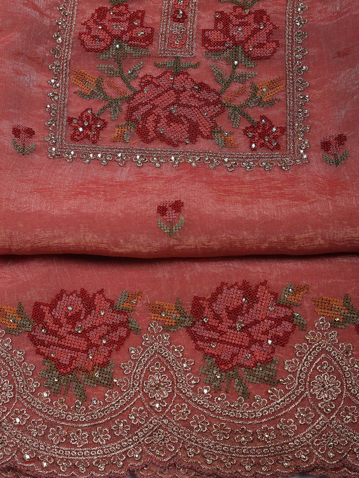 Embroidered Tissue Unstitched Suit With Pant &amp; Dupatta