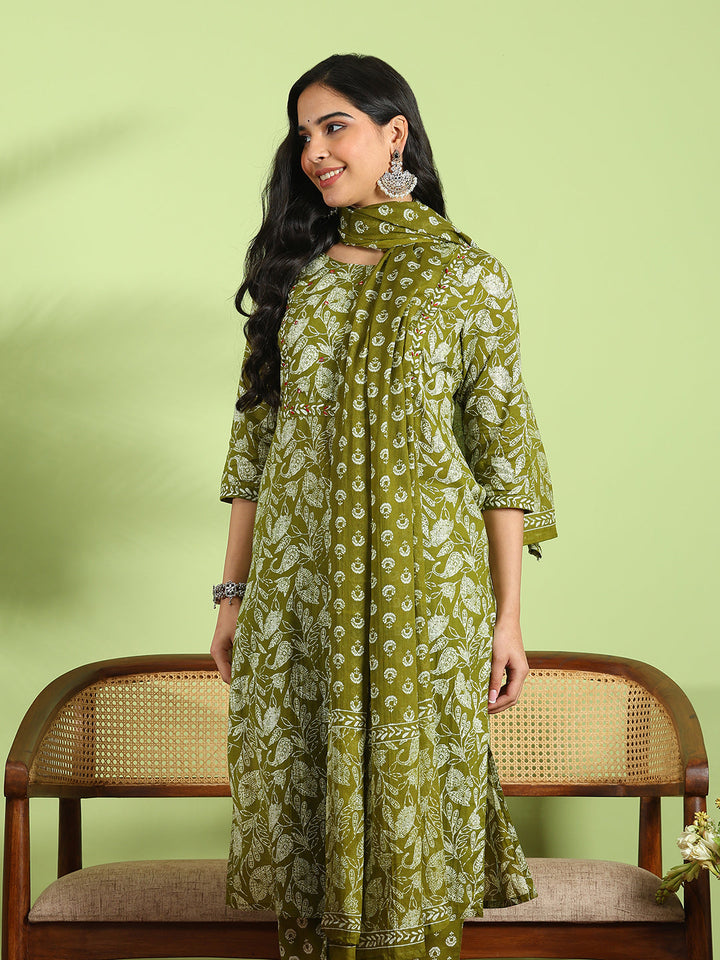 Printed Cotton Kurta With Pant &amp; Dupatta