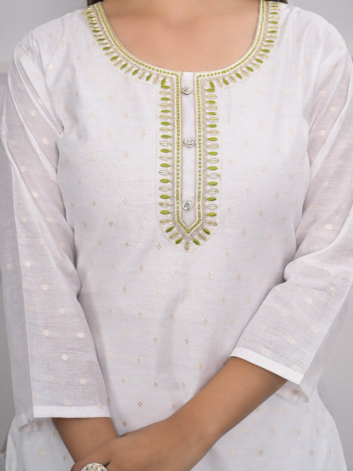 Neck Embroidery Cotton Blend Kurta With Pants &amp; Dupatta