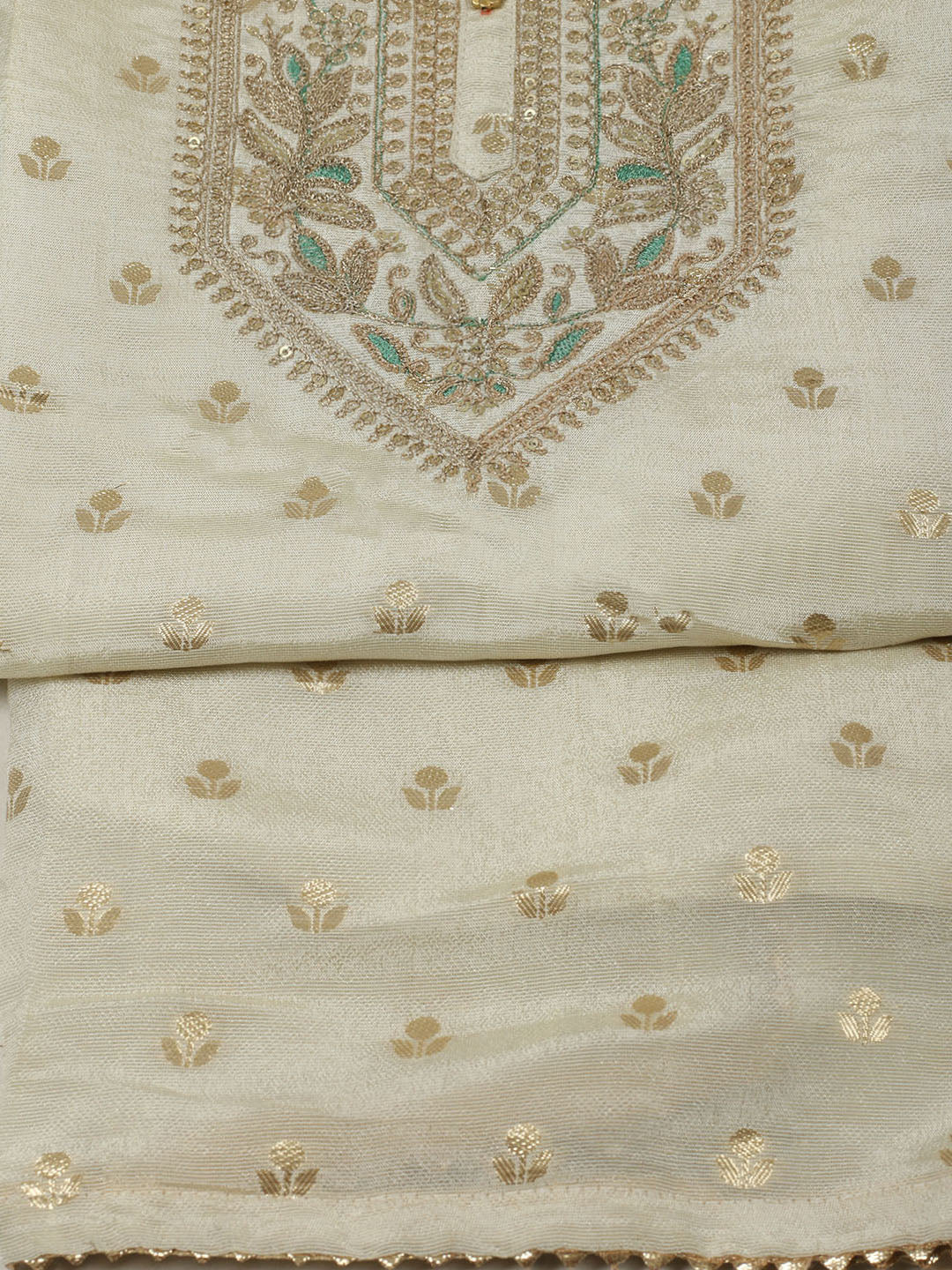 Neck Patti Chanderi Unstitched Suit Piece With Dupatta