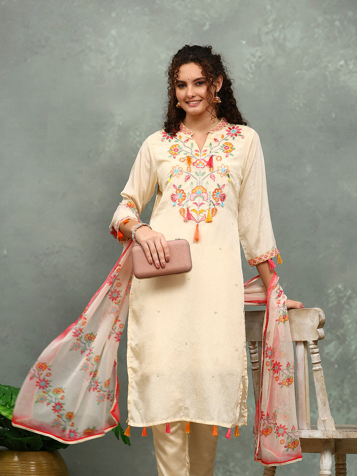 Resham Work Crepe Kurta With Pants &amp; Dupatta