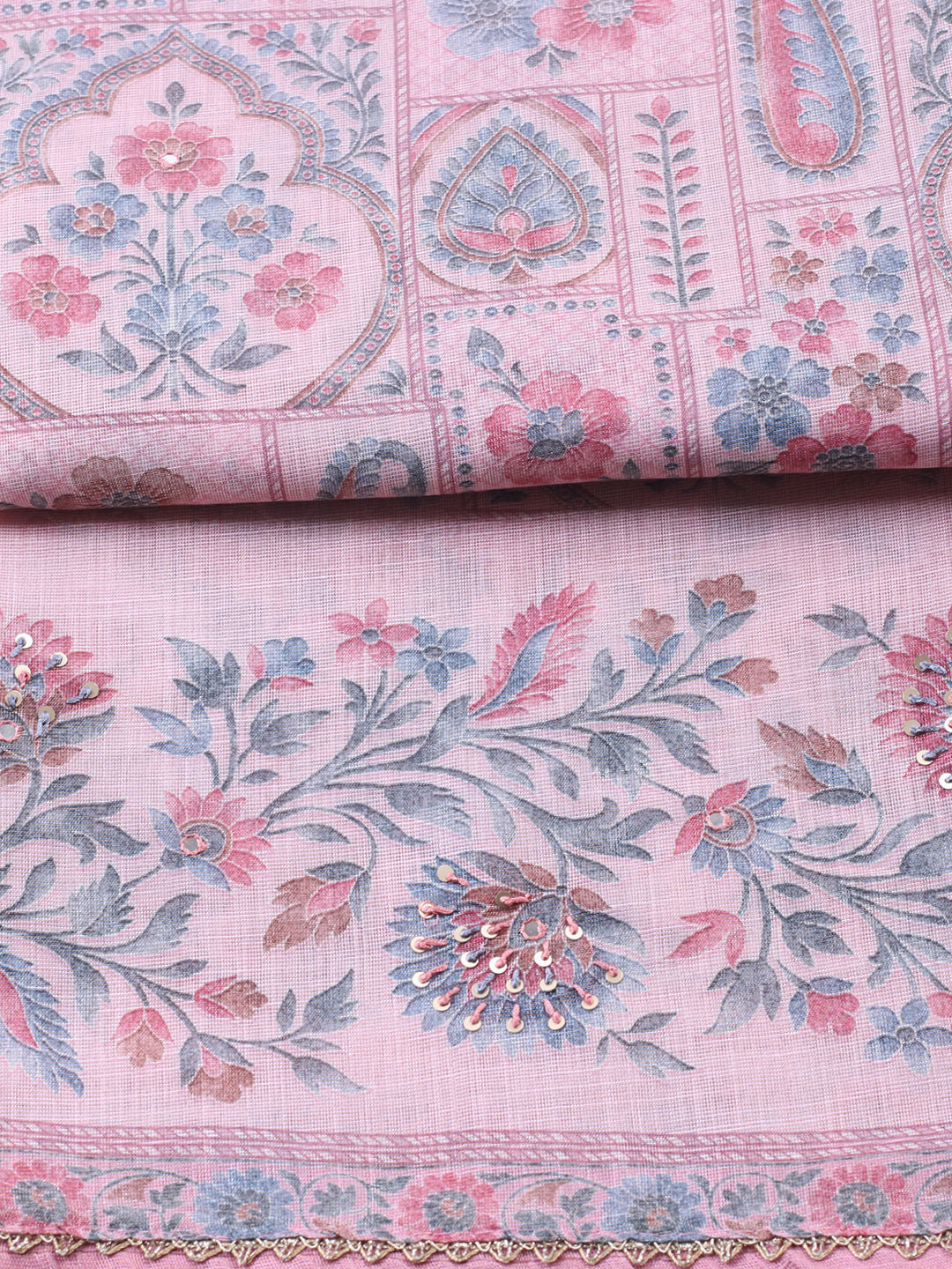 Printed Linen Blend Unstitched Suit With Pant &amp; Dupatta