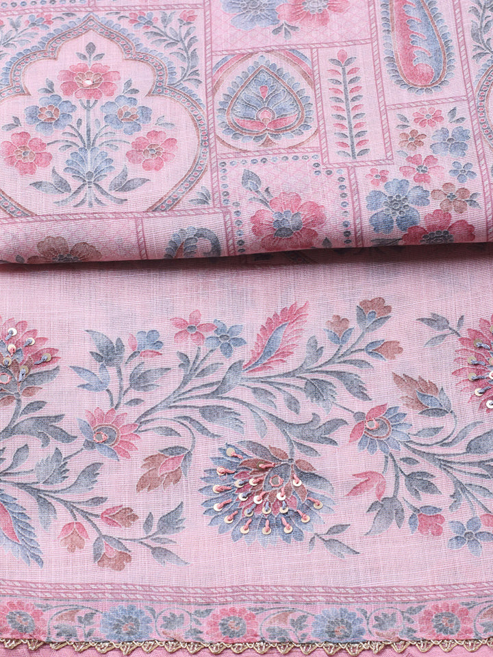 Printed Linen Blend Unstitched Suit With Pant &amp; Dupatta
