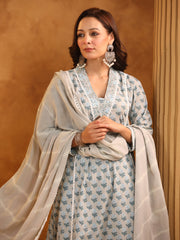 Printed Cotton Blend Kurta With Pants & Dupatta