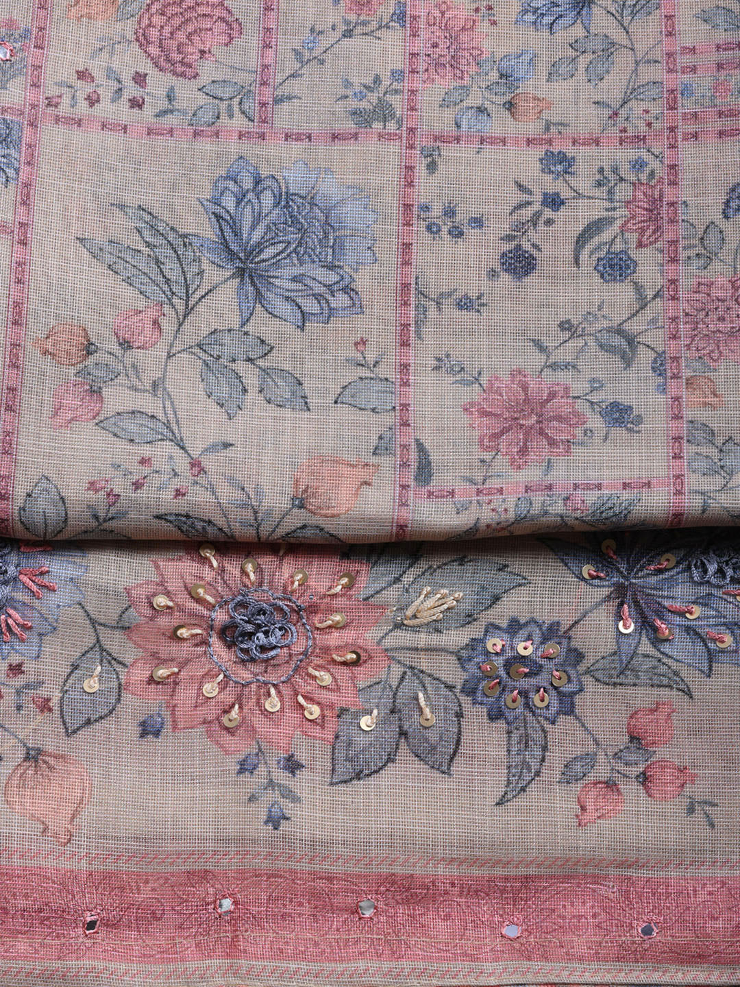 Printed Linen Blend Unstitched Suit With Pant &amp; Dupatta