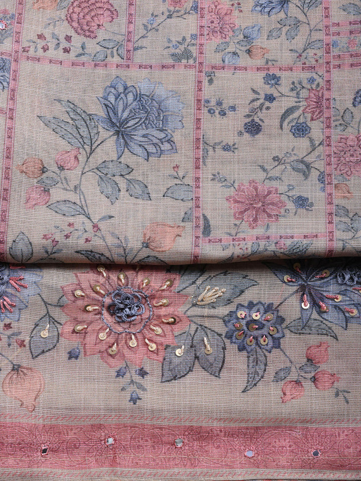 Printed Linen Blend Unstitched Suit With Pant &amp; Dupatta