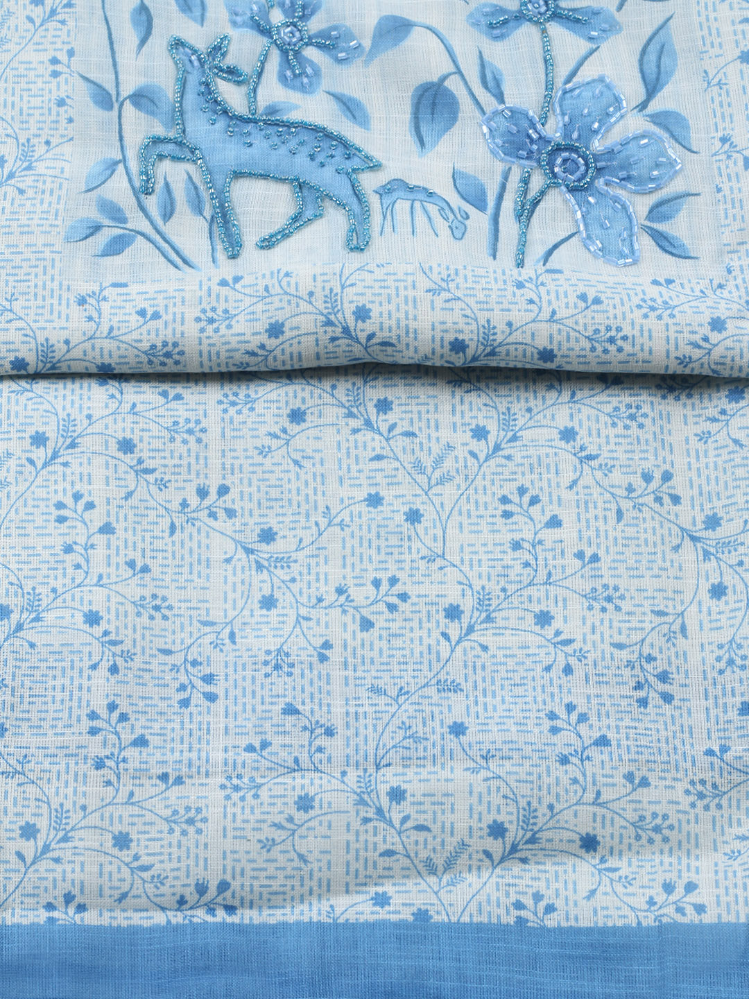 Printed Linen Blend Unstitched Suit With Pant &amp; Dupatta