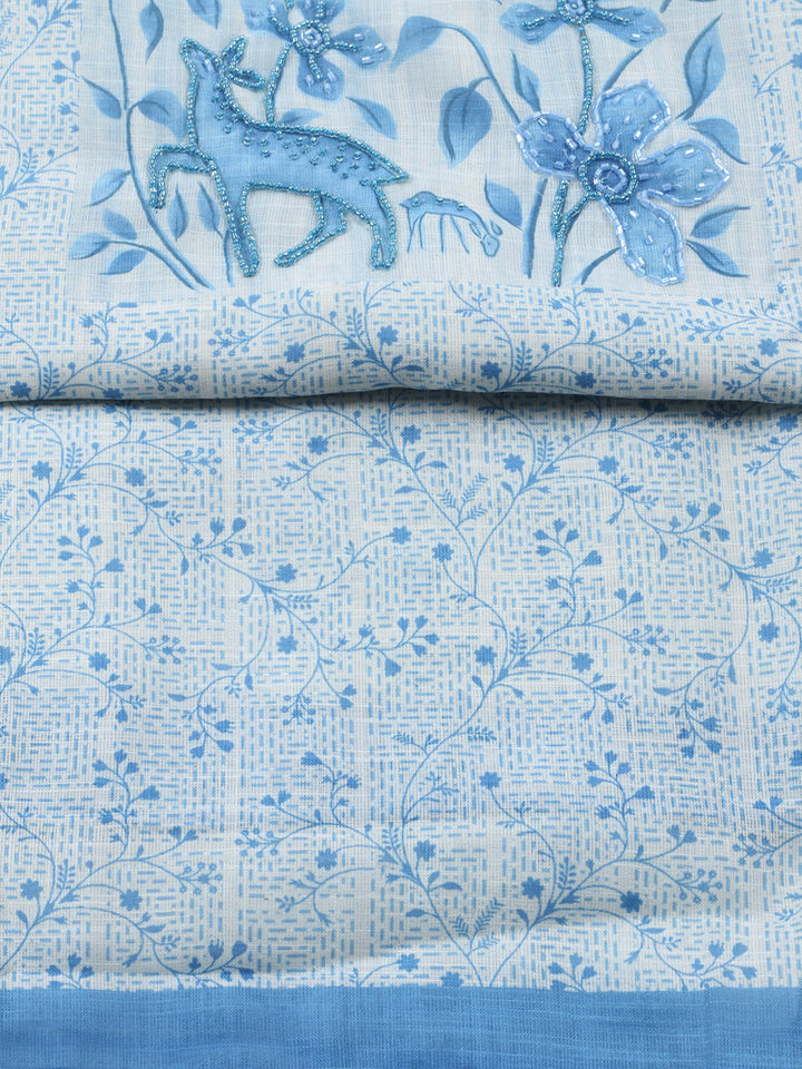 Printed Linen Blend Unstitched Suit With Pant &amp; Dupatta