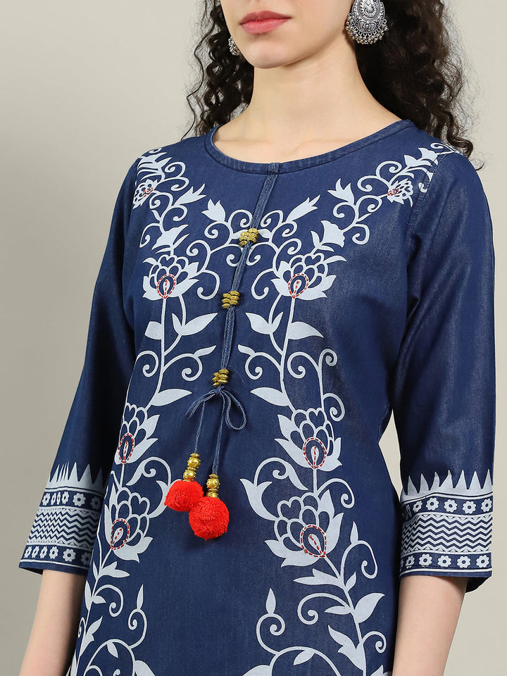 Neck Printed Denim Kurta