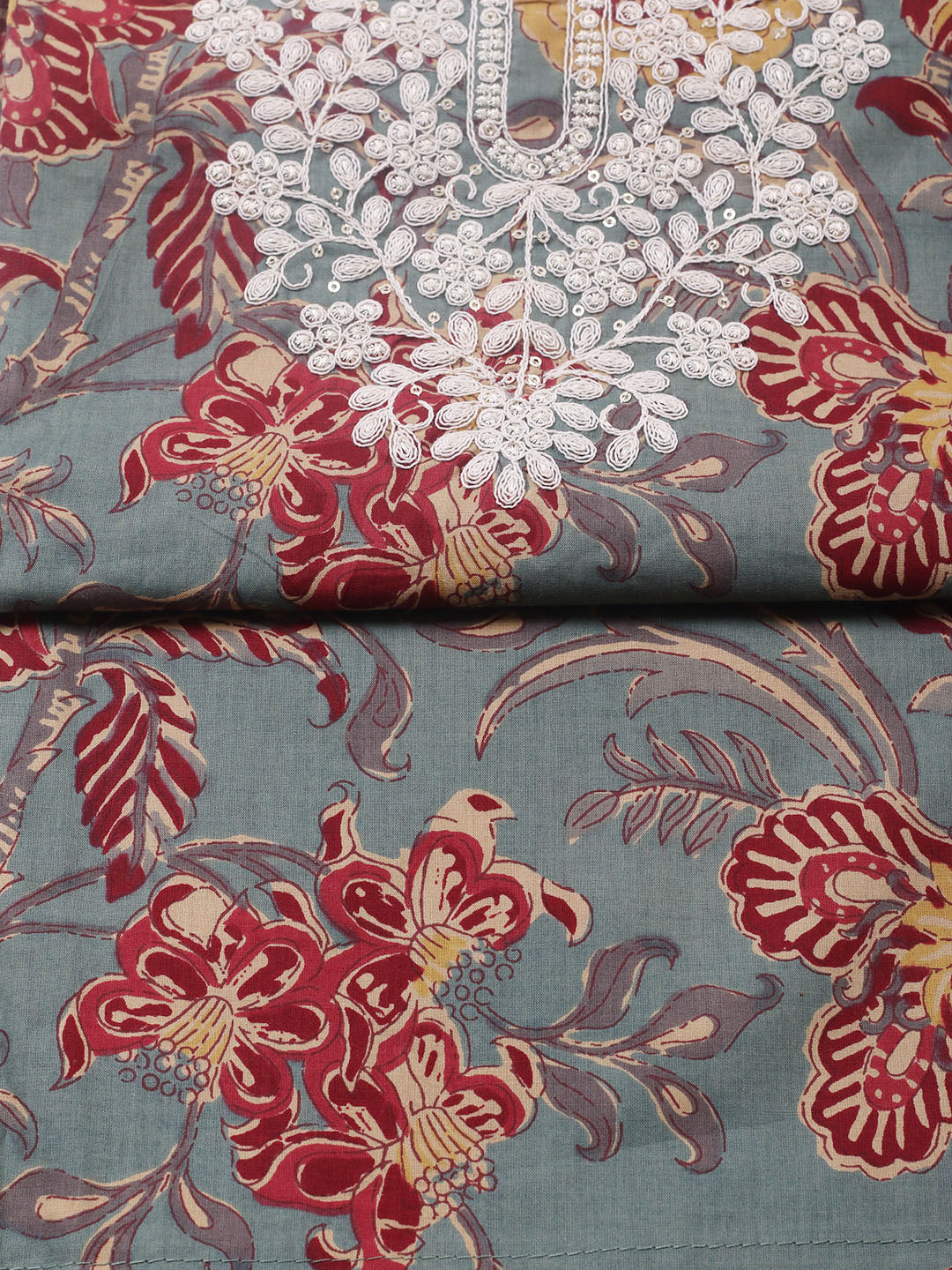 Printed Cotton Blend Unstitched Suit With Pant &amp; Dupatta