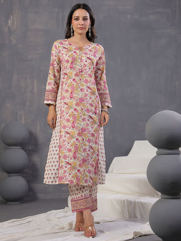 Floral Print Cotton Kurta With Pants & Dupatta