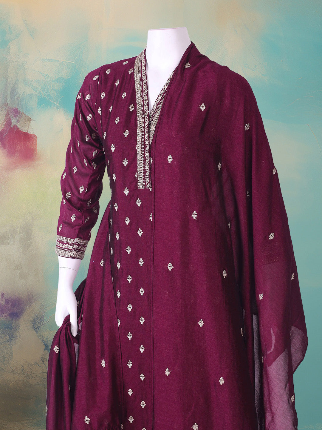 Embroidered Art Silk Kurta With Pant &amp; Dupatta