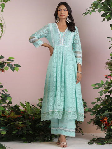 Cotton Blend Anarkali Embroidered Suit Set With Lace