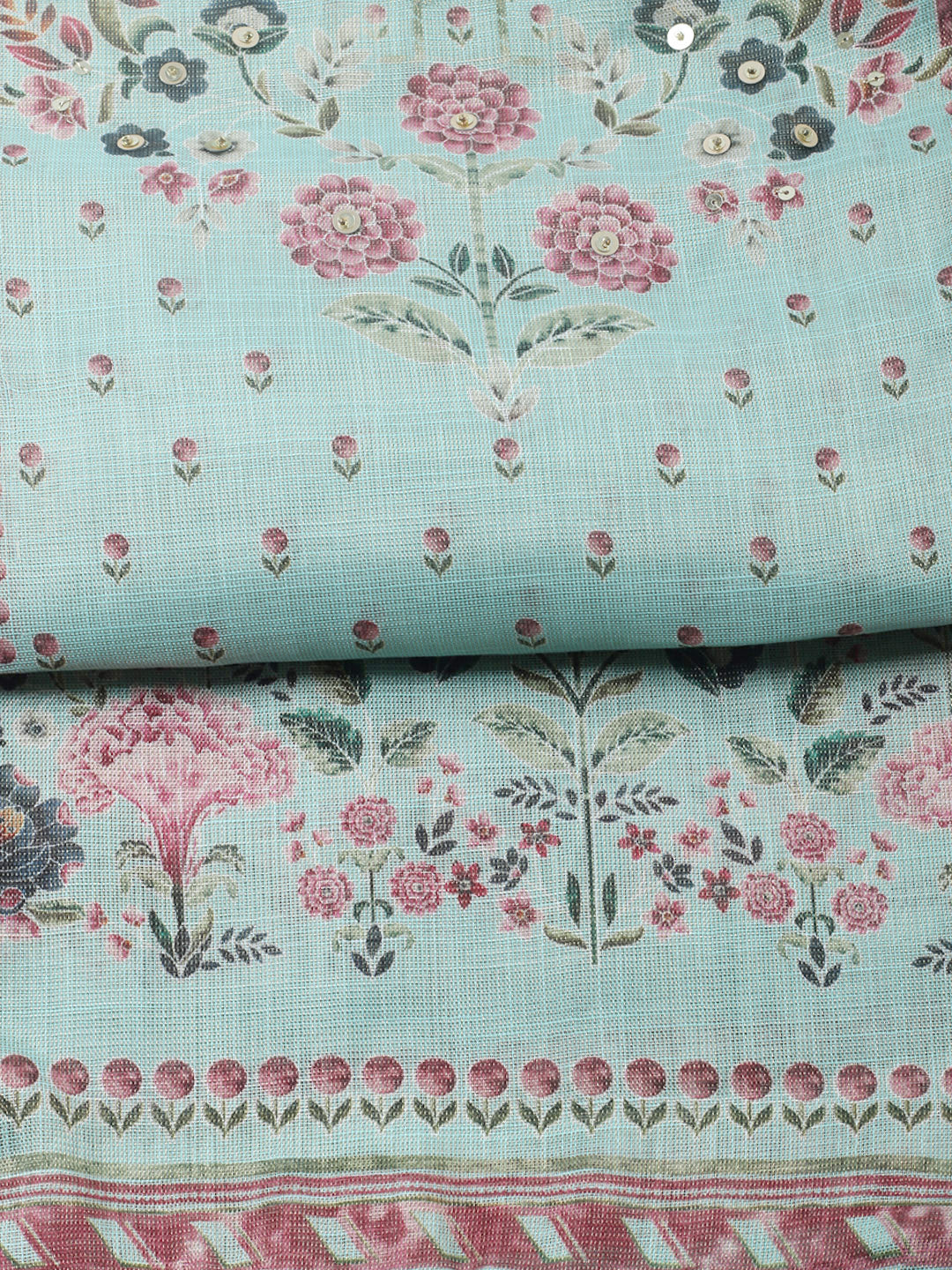 Printed Linen Blend Unstitched Suit With Pant &amp; Dupatta
