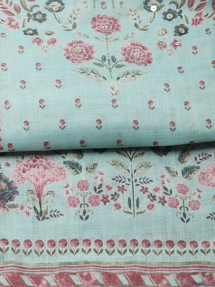 Printed Linen Blend Unstitched Suit With Pant &amp; Dupatta