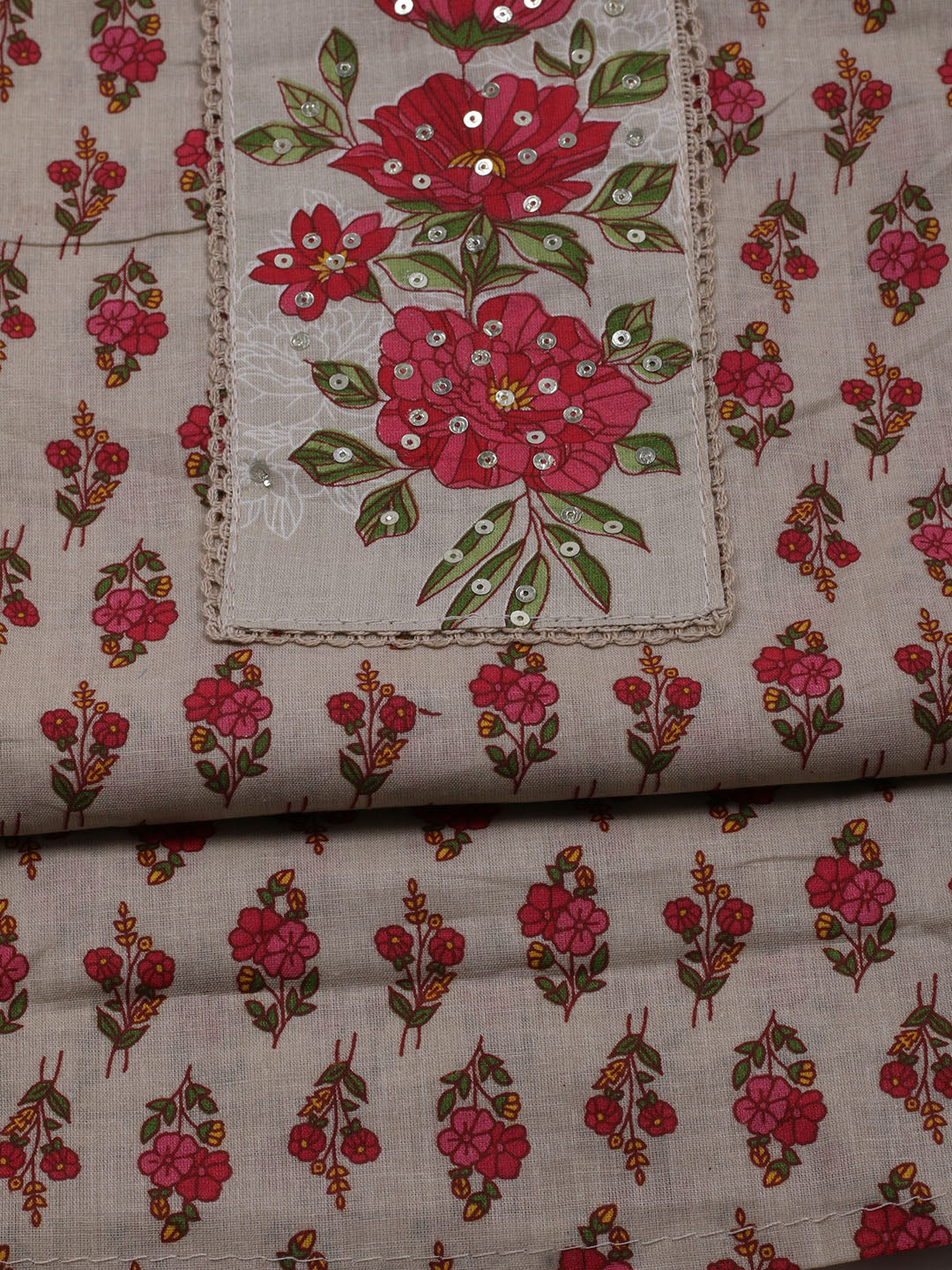 Floral Printed Cotton Blend Unstitched Suit With Dupatta