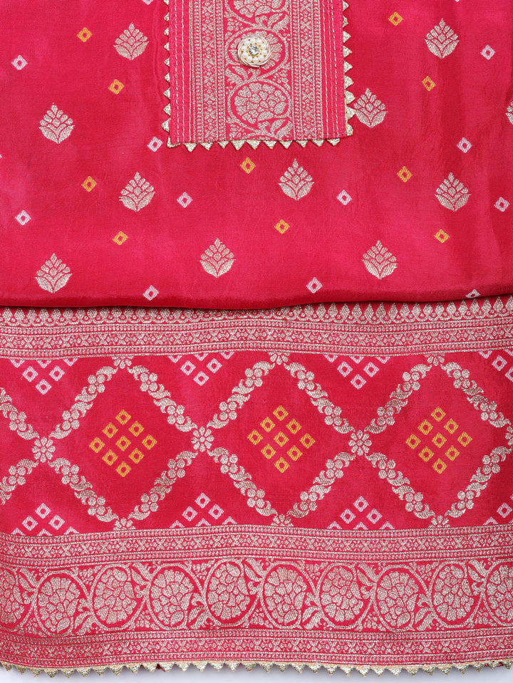 Embroidered Chanderi Unstitched Suit With Pant &amp; Dupatta