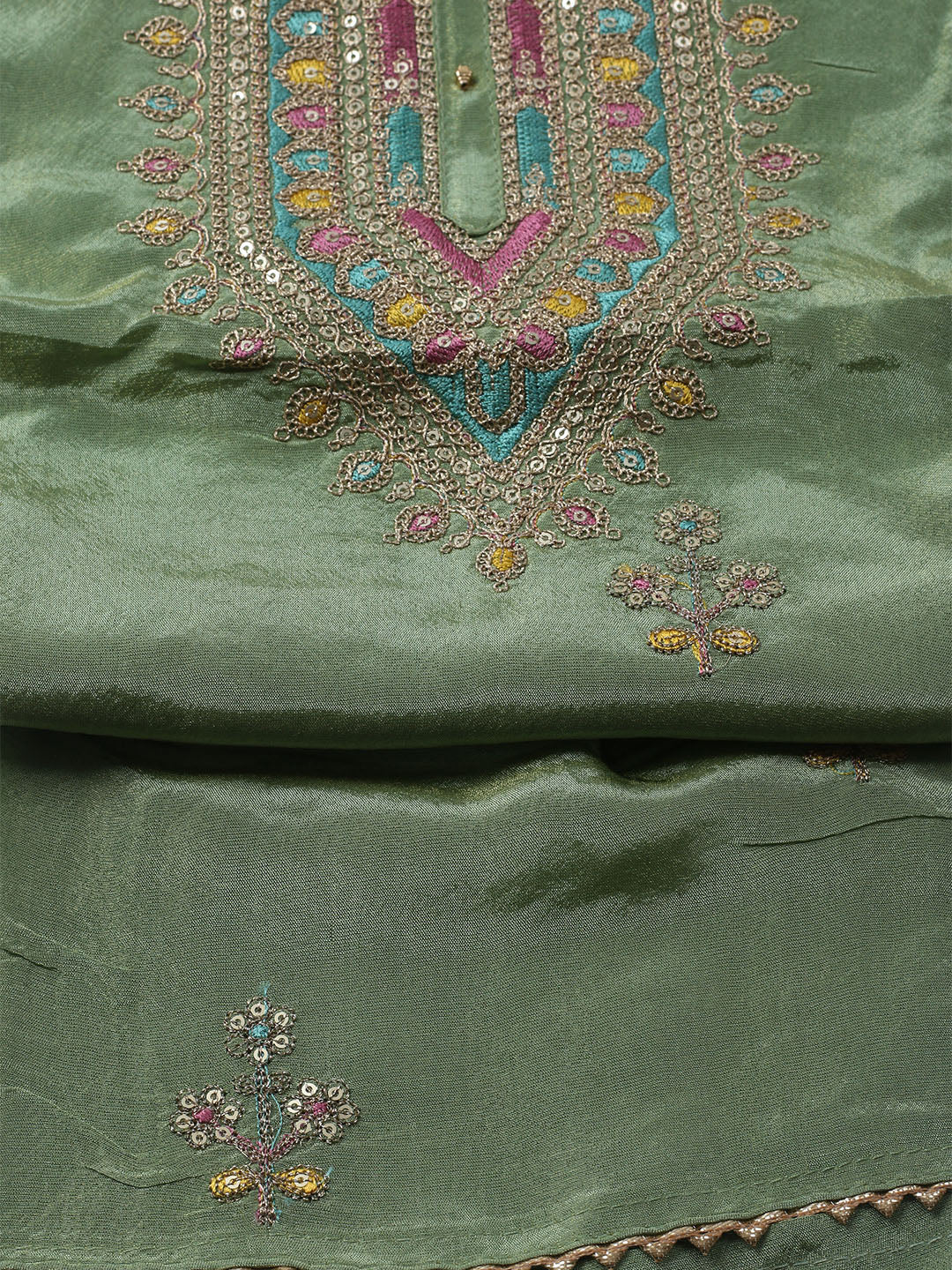 Embroidered Organza Unstitched Kurta With Pant &amp; Dupatta