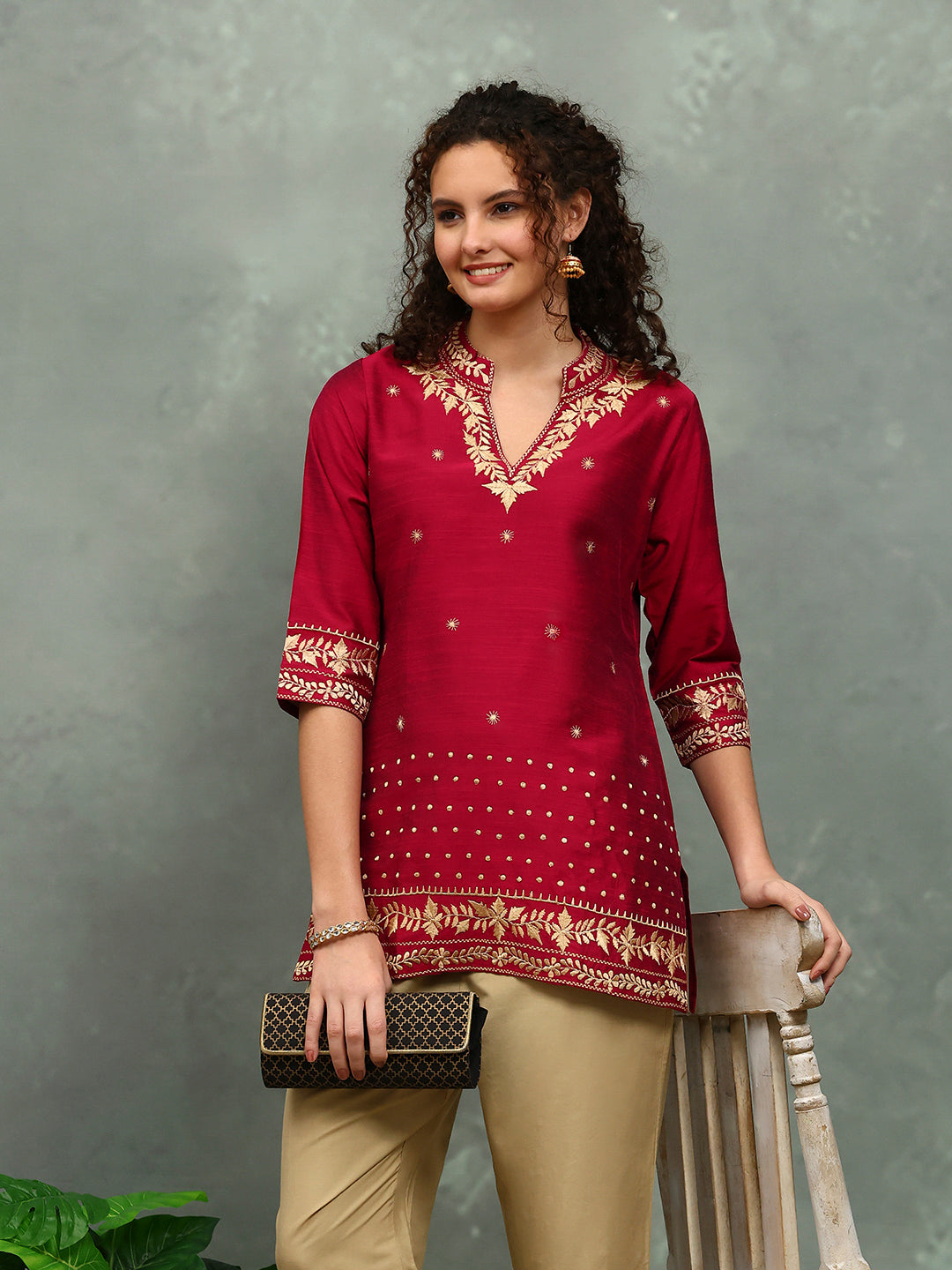 Neck Embroidered Art Silk Kurta