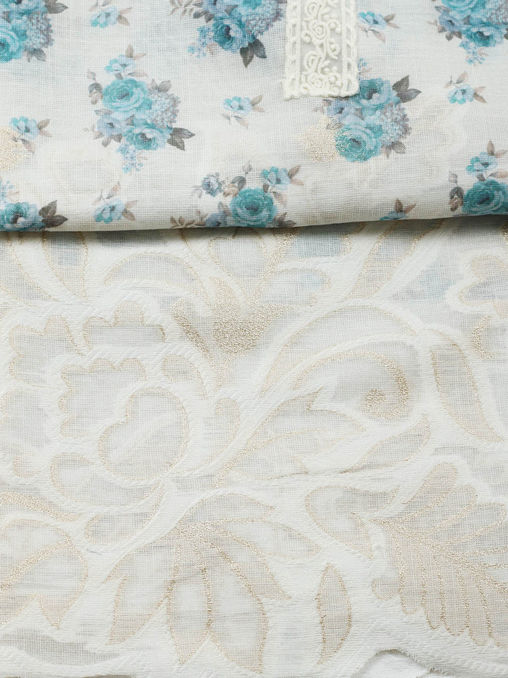 Embroidered Linen Blend Unstitched Suit With Pant &amp; Dupatta