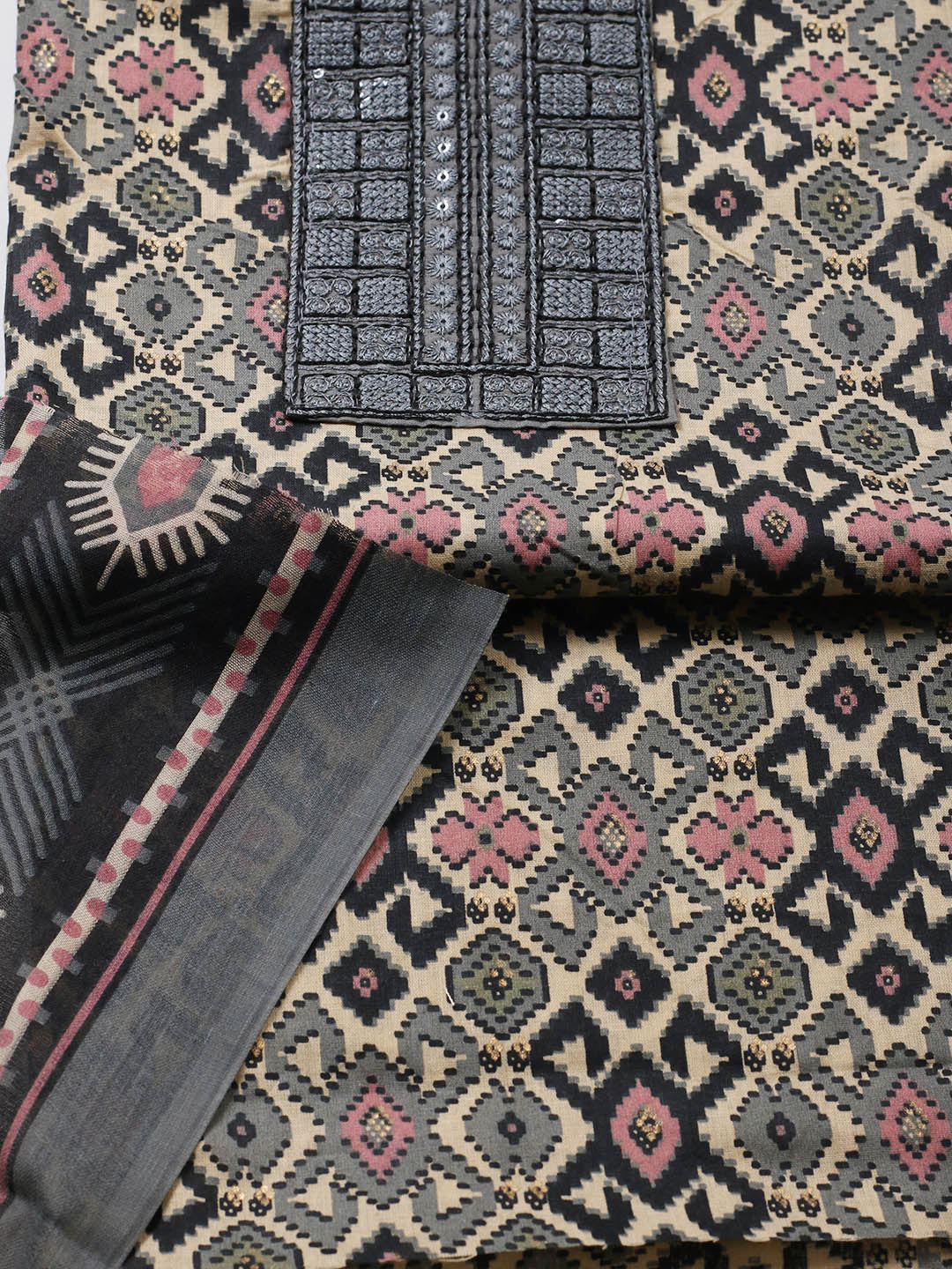 Printed Cotton Blend Unstitched Suit With Pant &amp; Dupatta