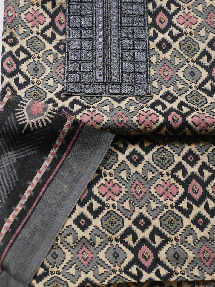Printed Cotton Blend Unstitched Suit With Pant &amp; Dupatta