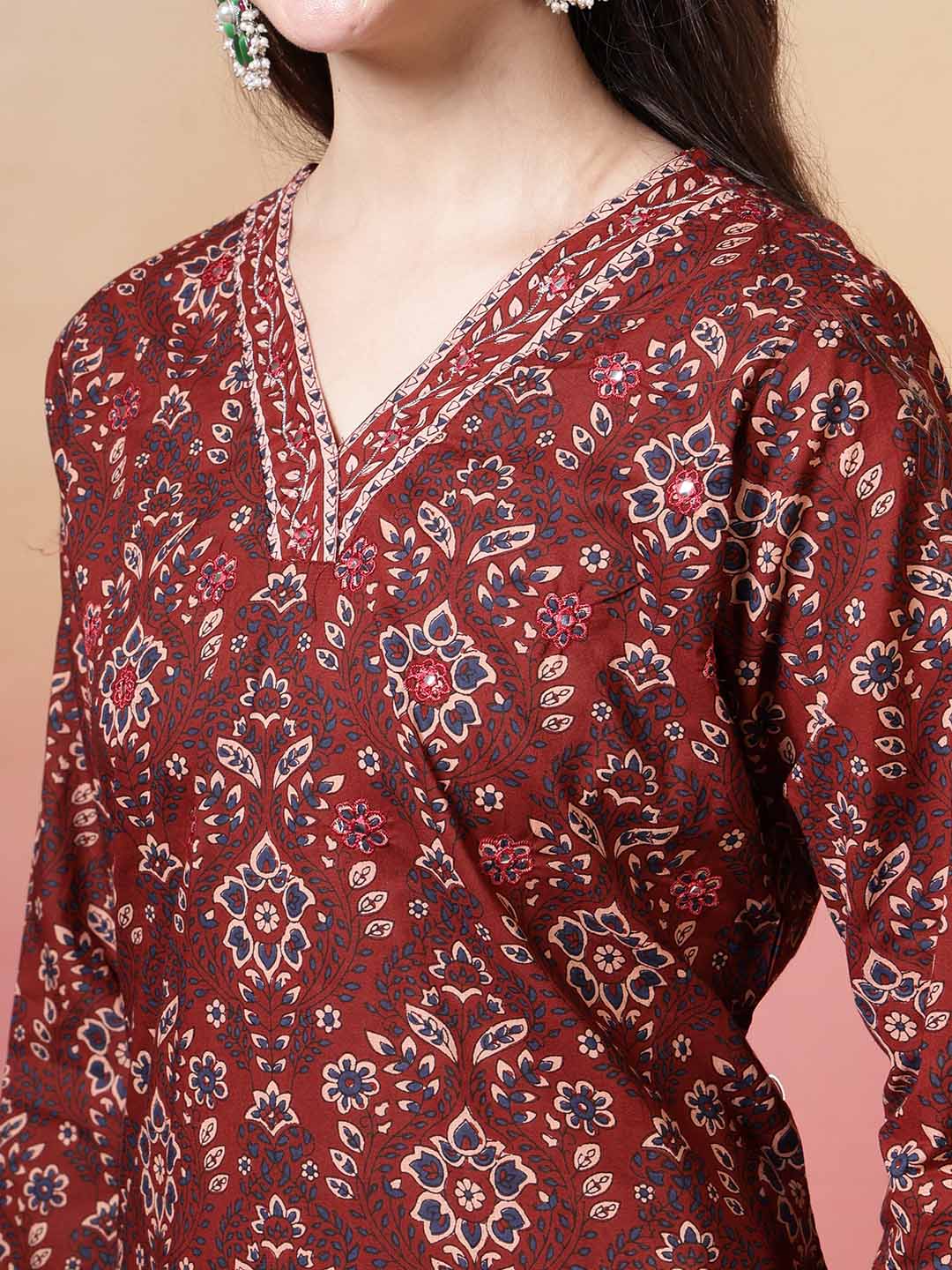 Embroidered Cotton Kurta With Pant &amp; Dupatta
