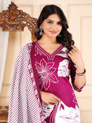 Floral Printed Cotton Blend Kurta With Pants & Dupatta