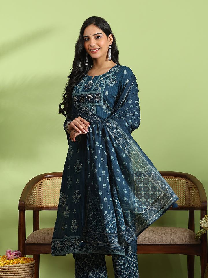 Blue Cotton Blend Printed A Line Suit Set