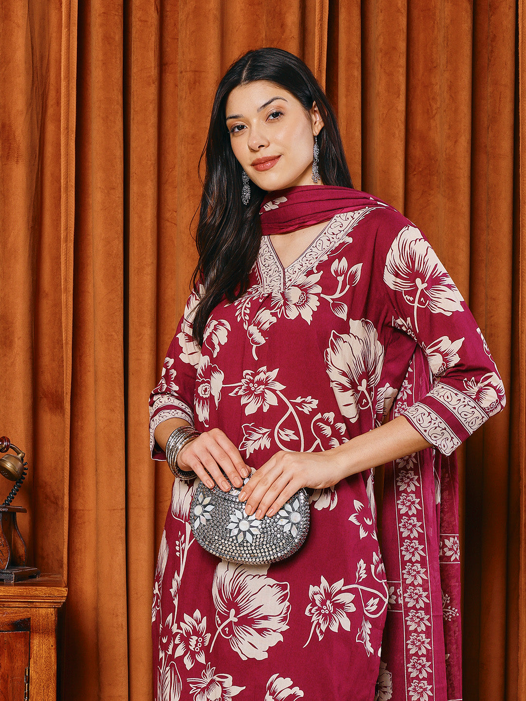 Printed Cotton Blend Kurta With Pants & Dupatta