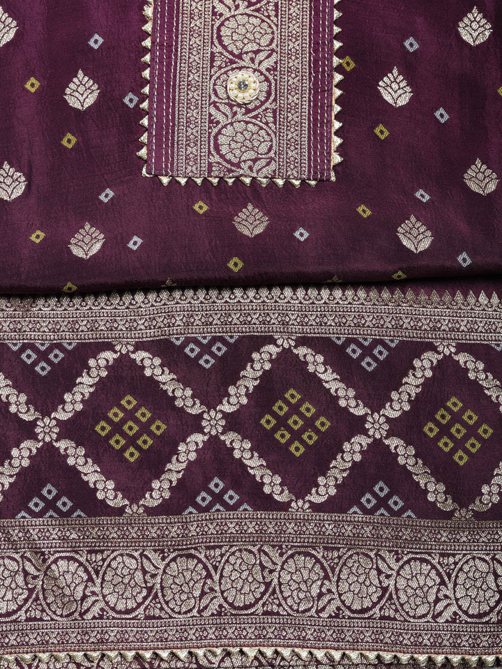 Embroidered Chanderi Unstitched Suit With Pant &amp; Dupatta