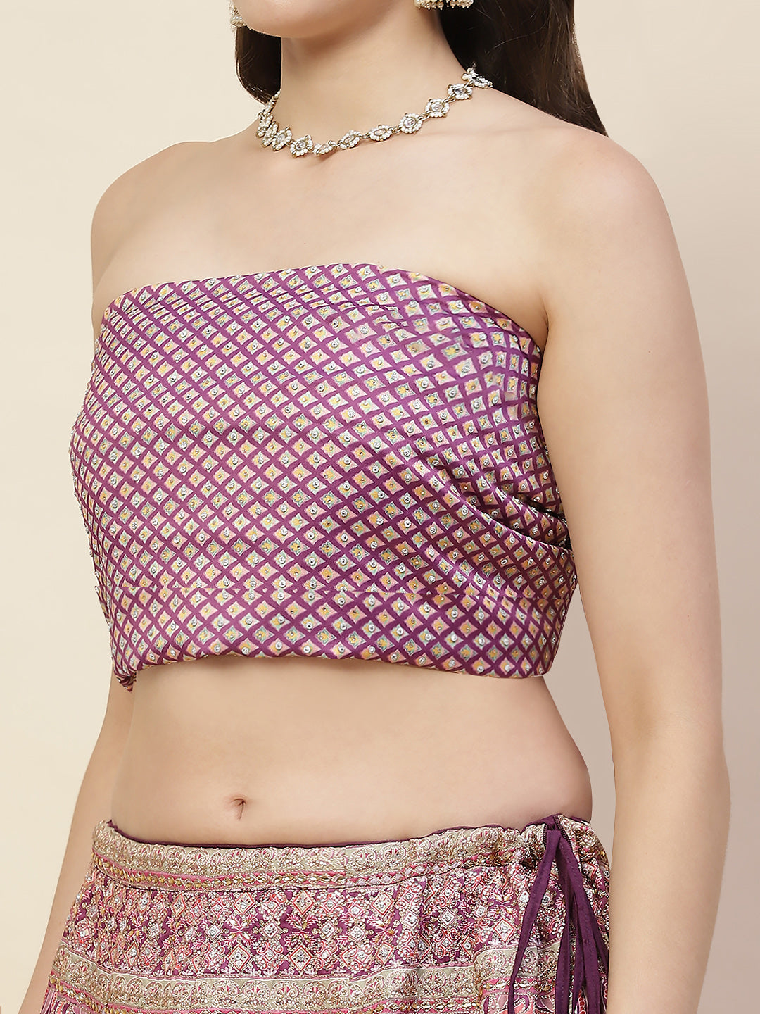 Printed & Thread Embroidered Choli With Unstitched Lehenga & Dupatta