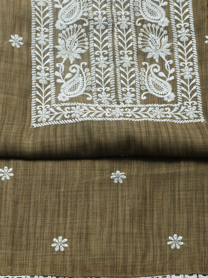 Embroidered Linen Blend Unstitched Suit With Pant &amp; Dupatta