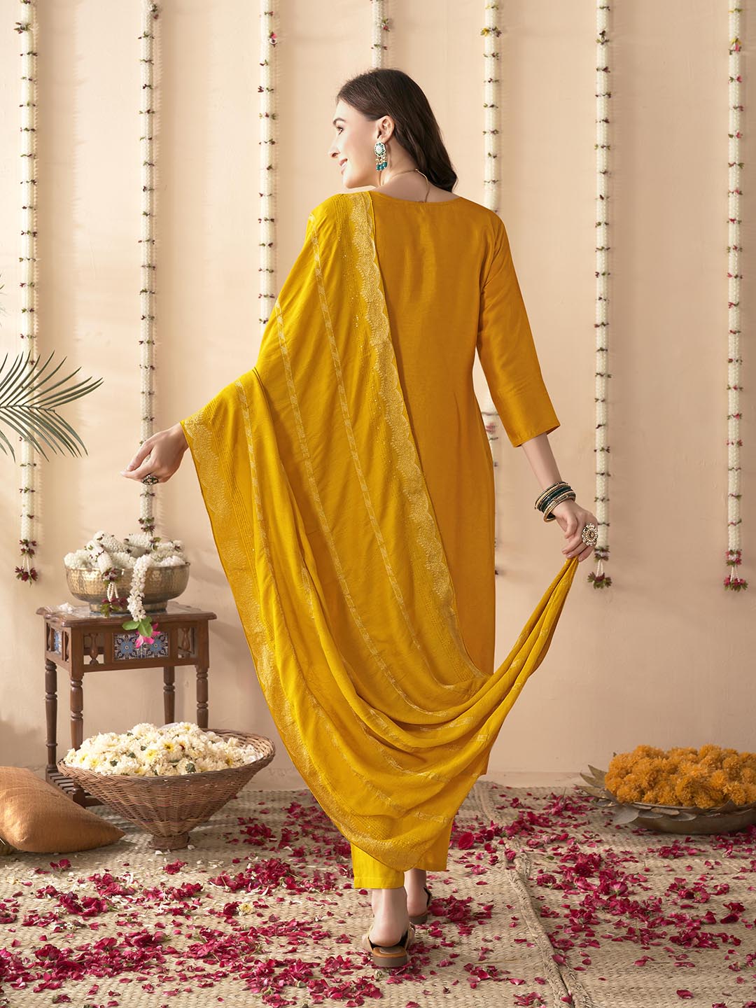 Embroidered Silk Kurta With Pant &amp; Dupatta