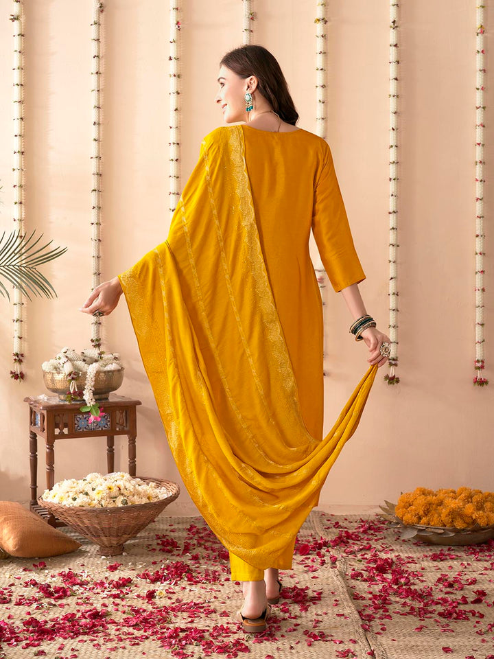 Embroidered Silk Kurta With Pant &amp; Dupatta