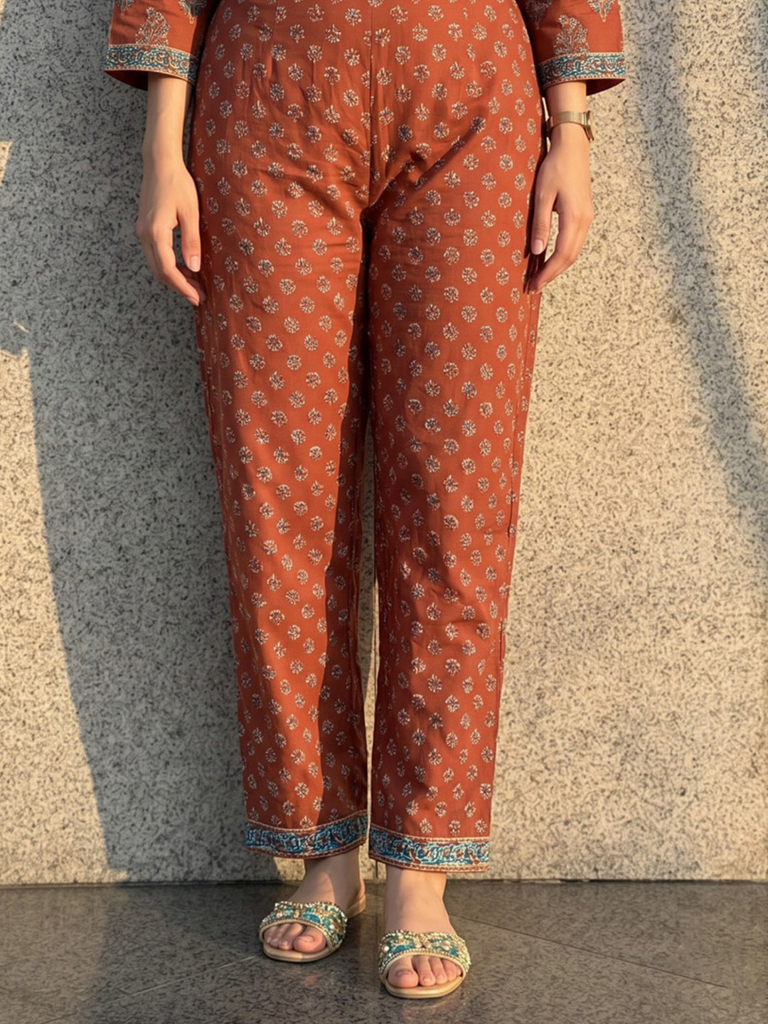 Red Printed Cotton Blend Kurta With Pant &amp; Dupatta