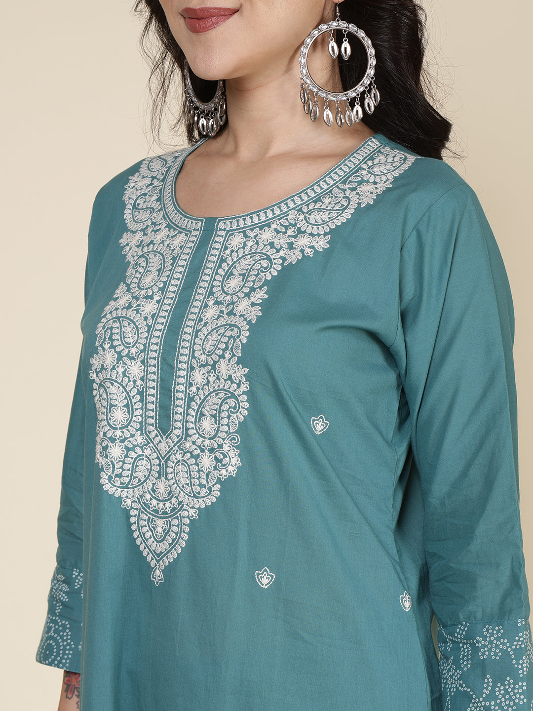 Embroidered Cotton Blend Kurta With Pants & Dupatta