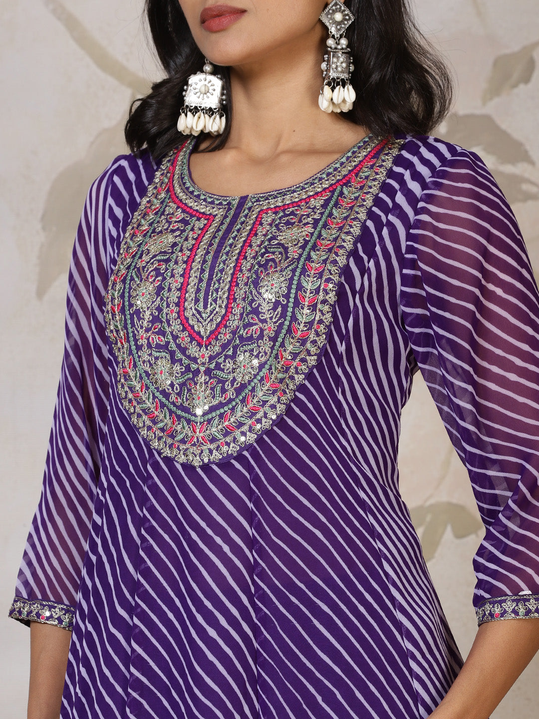 Embroidered Georgette Kurta With Pants & Dupatta