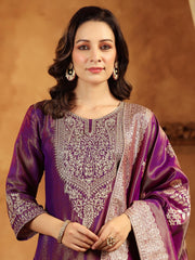 Neck Zari Embroidery Tissue Kurta With Pants & Dupatta