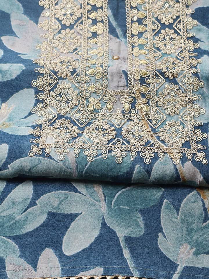 Printed Cotton Blend Unstitched Suit With Pant &amp; Dupatta