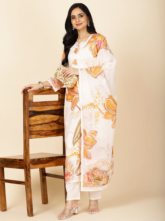 Floral Printed Cotton Kurta With Pants & Dupatta