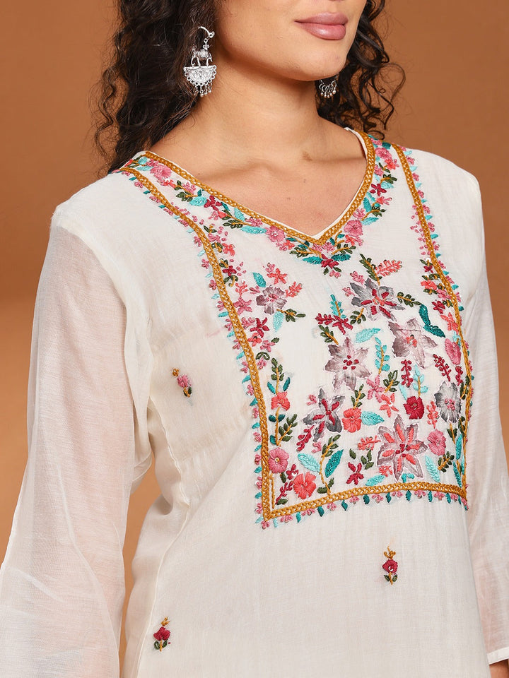 Embroidered Cotton Blend Kurta With Pant &amp; Dupatta