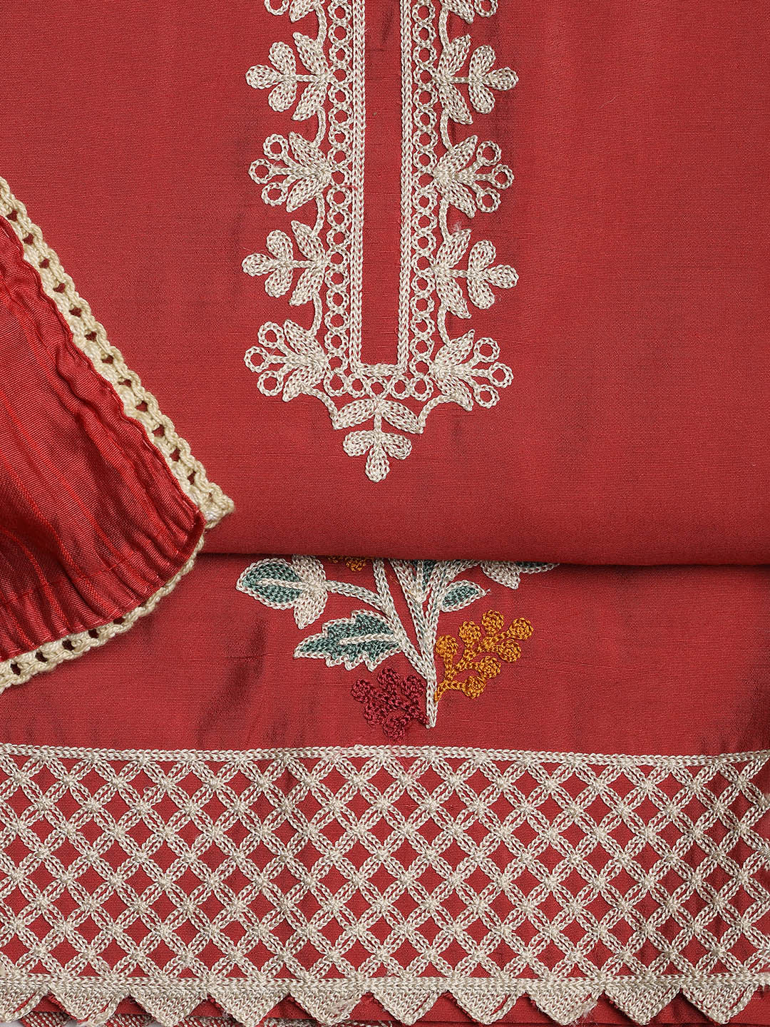 Embroidered Chanderi Unstitched Suit With Dupatta