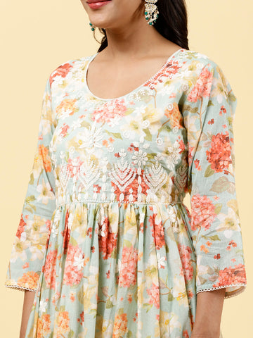 Floral Printed & Neck Embroidered Cotton Kurta