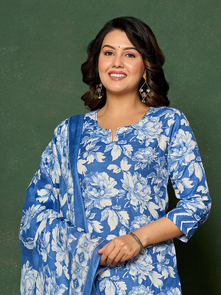 Printed Cotton Blend Kurta With Pants &amp; Dupatta