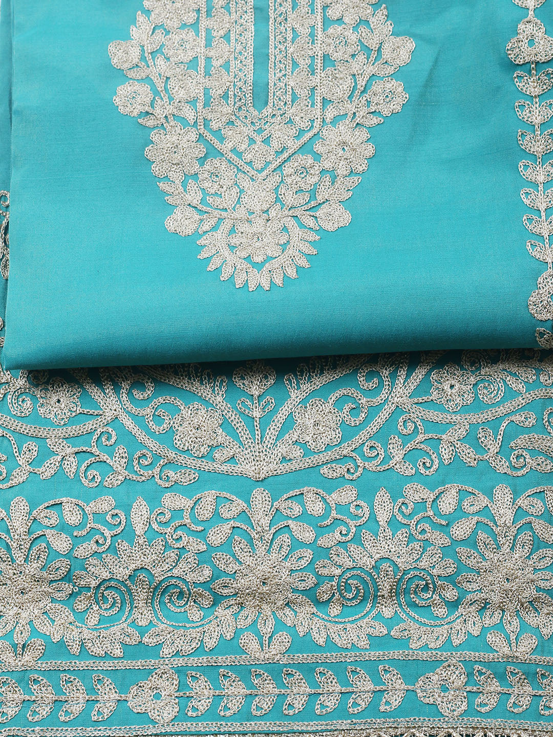 Embroidered Chanderi Unstitched Suit With Pant &amp; Dupatta