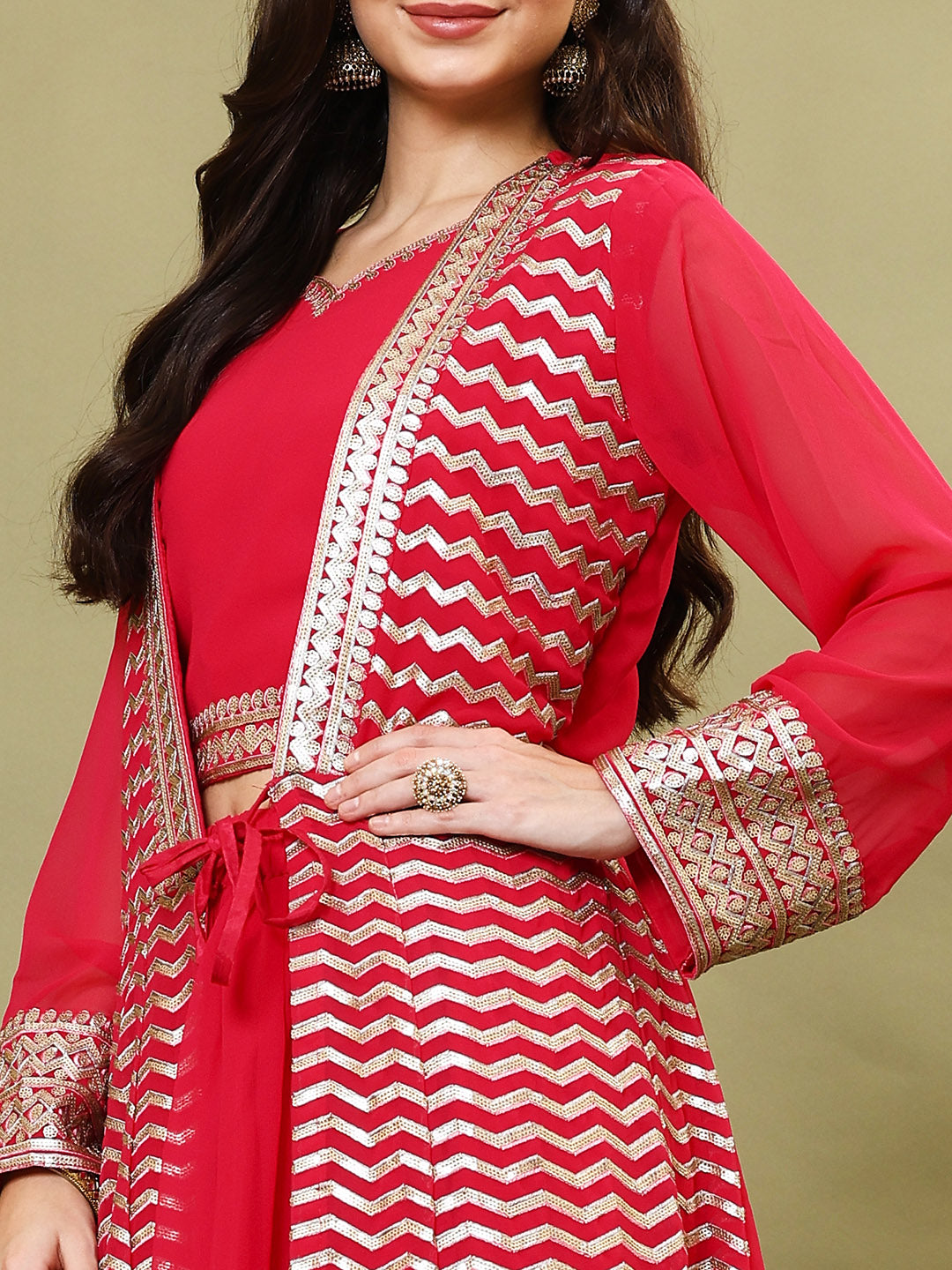 Sequin Embroidery Georgette Choli With Skirt &amp; Jacket